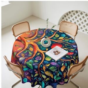 Vibrant Multicolor Tree of Life Round Tablecloth 48" New